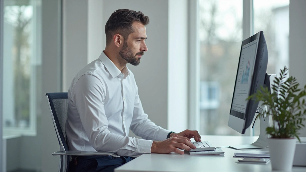 Man aan bureau met voortgang tracking spreadsheet en analytics dashboard op computermonitor
