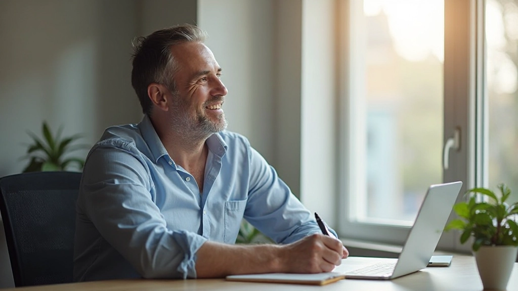 Man die vol vertrouwen naar zijn toekomst kijkt, met een duidelijk plan op papier voor zijn vaardigheidsontwikkeling