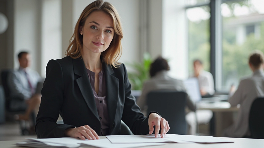 Vrouw in professionele kledij zit aan tafel met open laptop en loopbaankaart documenten, planningsproces in actie