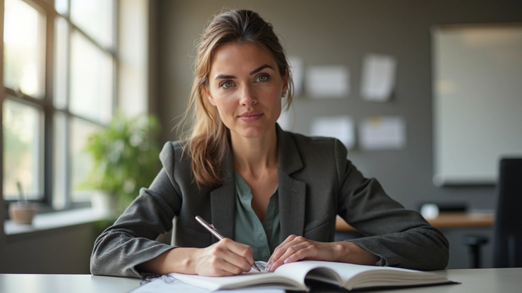 Vrouw die notities maakt terwijl ze aan haar loopbaanplanning werkt, moderne werkruimte met laptop en notitieboek