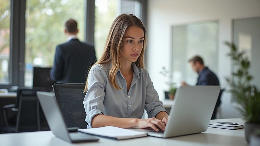 Professionele vrouw werkzaam aan haar bureau met laptop en notitieboek, gericht op carrièreplanning